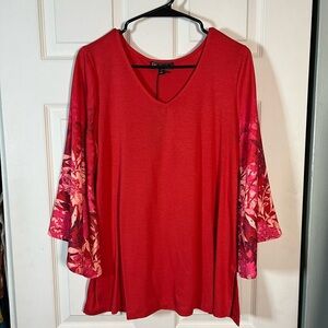 DG 2 Diane Gilman Red Boho Blouse with Floral Sleeves